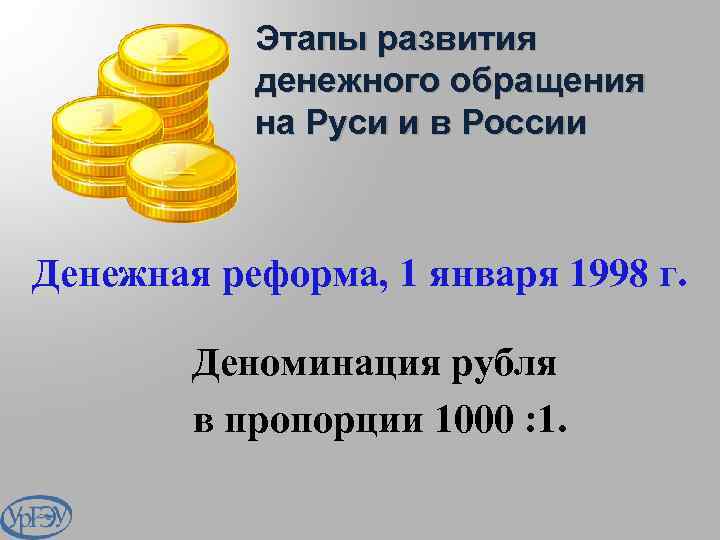 Этапы развития денежного обращения на Руси и в России Денежная реформа, 1 января 1998