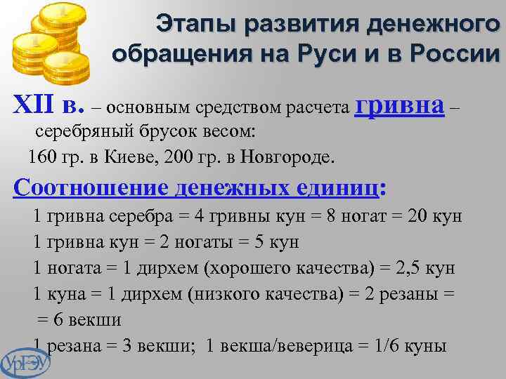 Этапы развития денежного обращения на Руси и в России ХII в. – основным средством