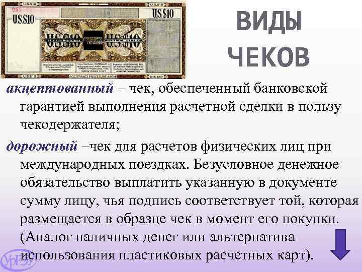 ВИДЫ ЧЕКОВ акцептованный – чек, обеспеченный банковской гарантией выполнения расчетной сделки в пользу чекодержателя;