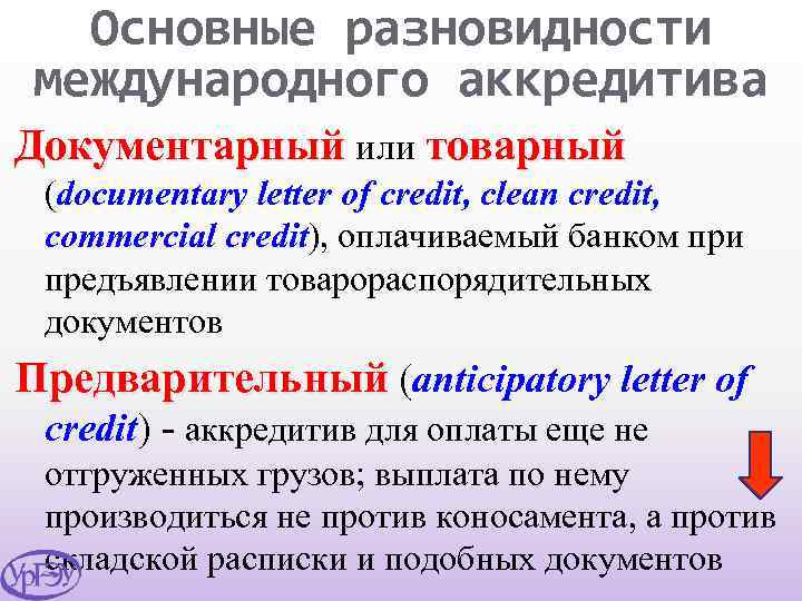 Основные разновидности международного аккредитива Документарный или товарный (documentary letter of credit, clean credit, commercial