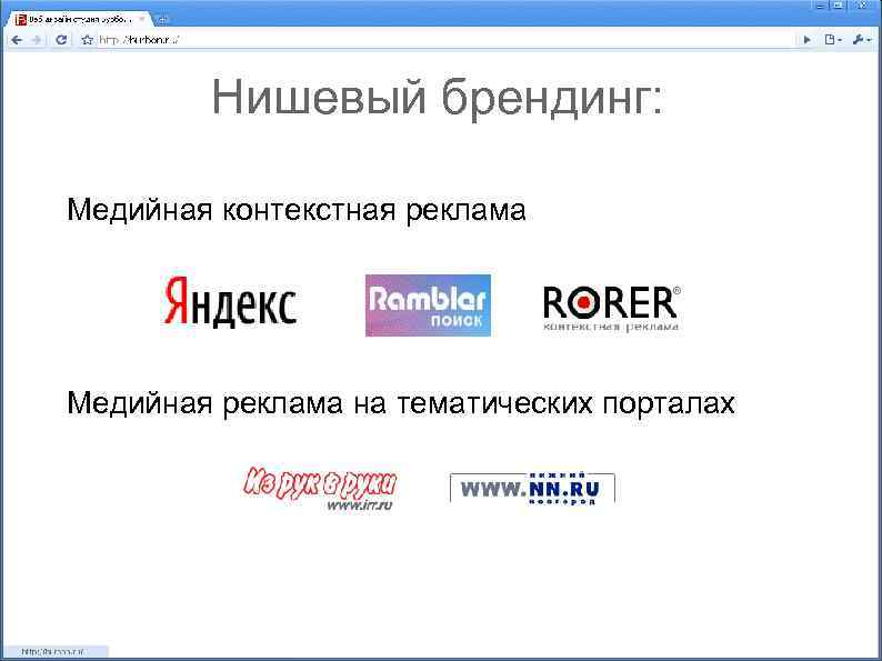 Нишевый брендинг: Медийная контекстная реклама Медийная реклама на тематических порталах 
