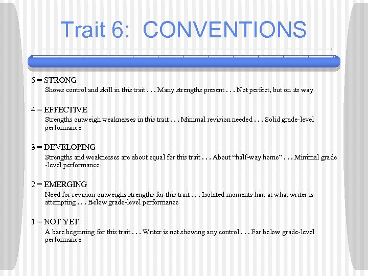 Trait 6: CONVENTIONS 5 = STRONG Shows control and skill in this trait. .