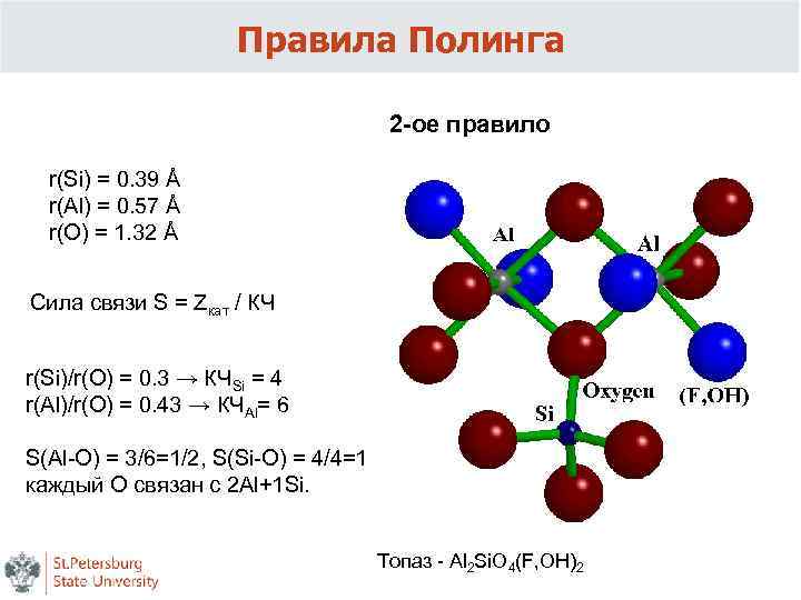 Правила Полинга 2 -ое правило r(Si) = 0. 39 Å r(Al) = 0. 57