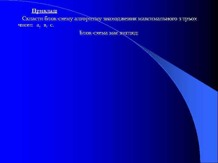 Приклад: Скласти блок-схему алгоритму знаходження максимального з трьох чисел а, в, с. Блок-схема має