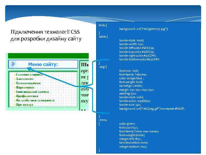 body { Підключення технології CSS для розробки дизайну сайту }. table { }. zag