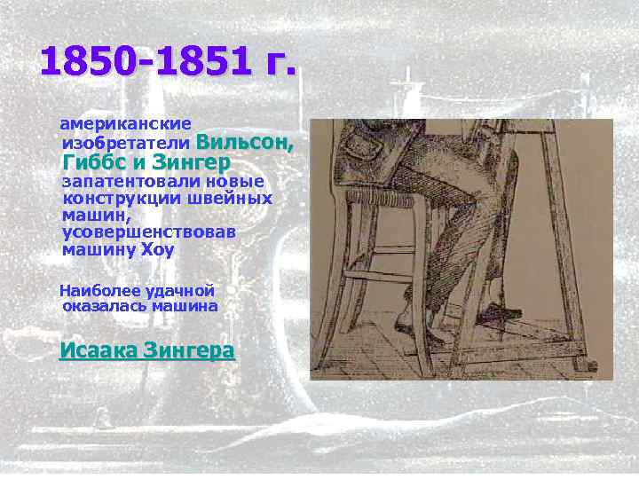 1850 -1851 г. американские изобретатели Вильсон, Гиббс и Зингер Гиббс запатентовали новые конструкции швейных