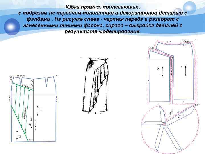 Юбка прямая, прилегающая, с подрезом на переднем полотнище и декоративной деталью с фалдами. На