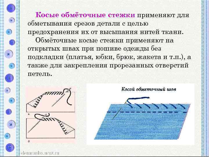 Косые обмёточные стежки применяют для обметывания срезов детали с целью предохранения их от высыпания