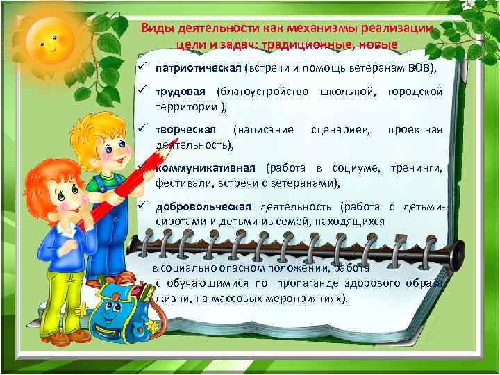Виды деятельности как механизмы реализации цели и задач: традиционные, новые ü патриотическая (встречи и
