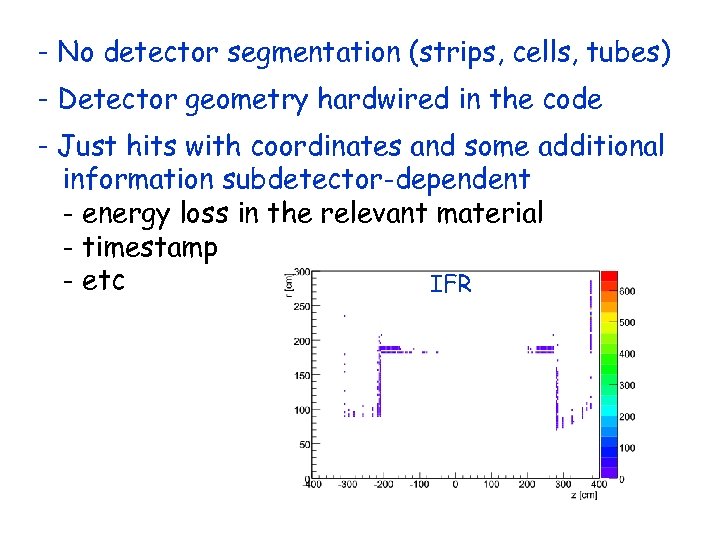 - No detector segmentation (strips, cells, tubes) - Detector geometry hardwired in the code