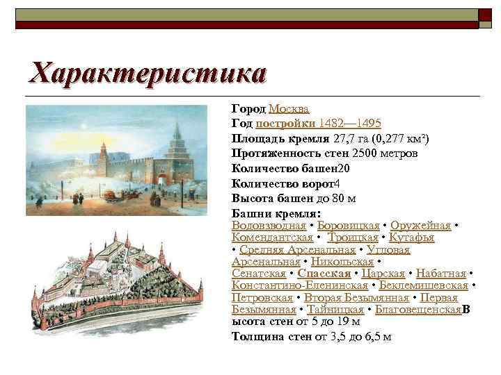 Характеристика Город Москва Год постройки 1482— 1495 Площадь кремля 27, 7 га (0, 277
