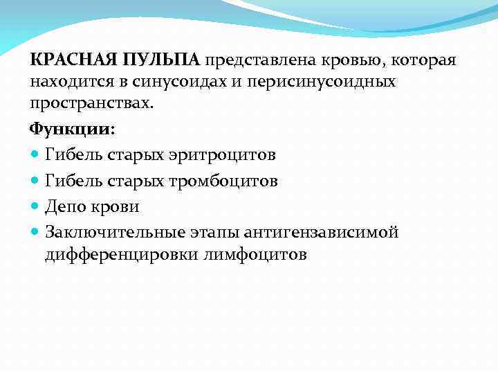 КРАСНАЯ ПУЛЬПА представлена кровью, которая ПУЛЬПА находится в синусоидах и перисинусоидных пространствах. Функции: Гибель