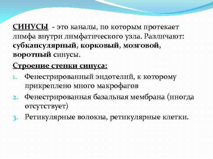 СИНУСЫ - это каналы, по которым протекает лимфа внутри лимфатического узла. Различают: субкапсулярный, корковый,