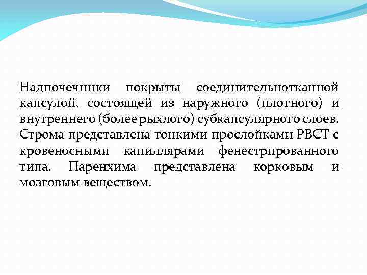 Надпочечники покрыты соединительнотканной капсулой, состоящей из наружного (плотного) и внутреннего (более рыхлого) субкапсулярного слоев.