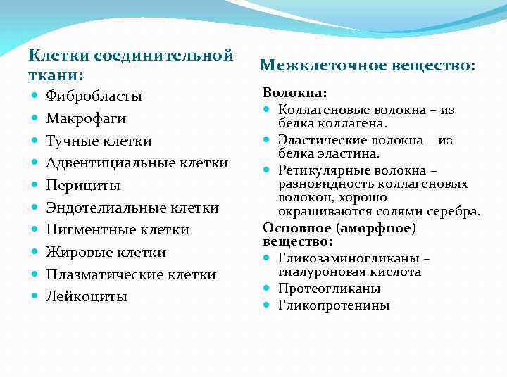 Клетки соединительной ткани: Фибробласты Макрофаги Тучные клетки Адвентициальные клетки Перициты Эндотелиальные клетки Пигментные клетки