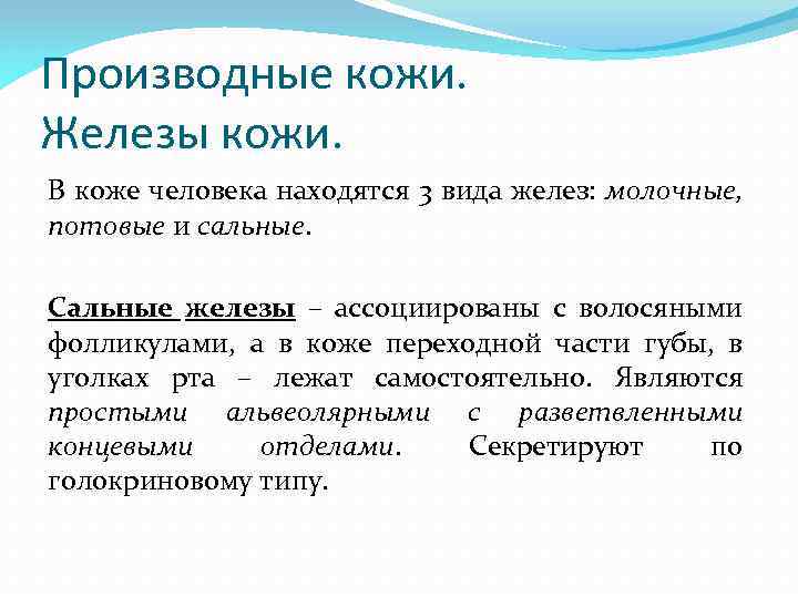 Производные кожи. Железы кожи. В коже человека находятся 3 вида желез: молочные, потовые и