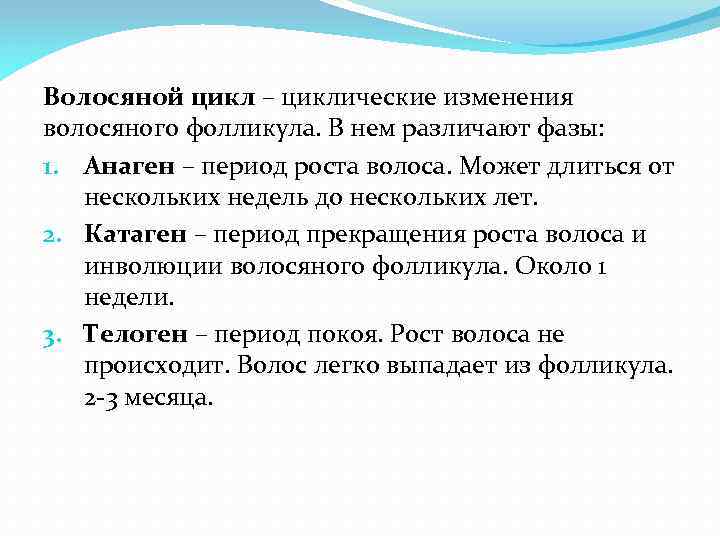 Волосяной цикл – циклические изменения волосяного фолликула. В нем различают фазы: 1. Анаген –