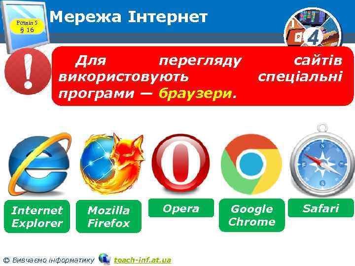 Розділ 5 § 16 Мережа Інтернет 4 Для перегляду використовують програми — браузери. Internet