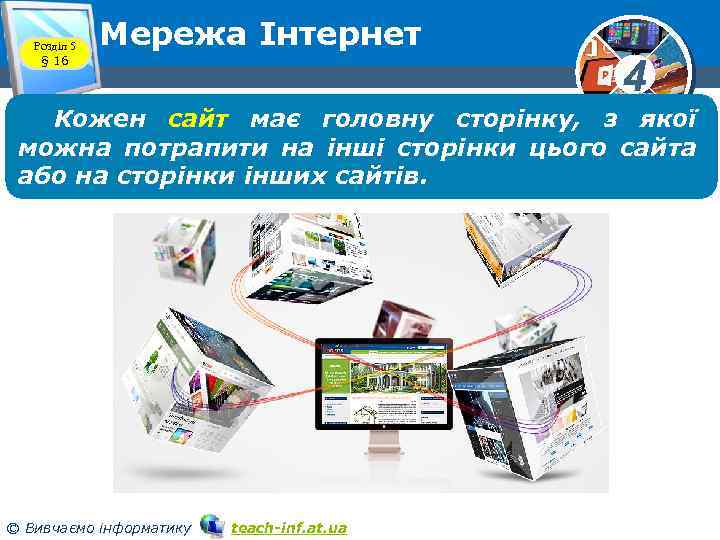 Розділ 5 § 16 Мережа Інтернет 4 Кожен сайт має головну сторінку, з якої