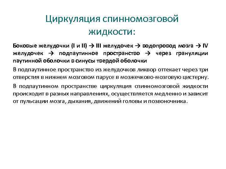 Циркуляция спинномозговой жидкости: Боковые желудочки (I и II) → III желудочек → водопровод мозга