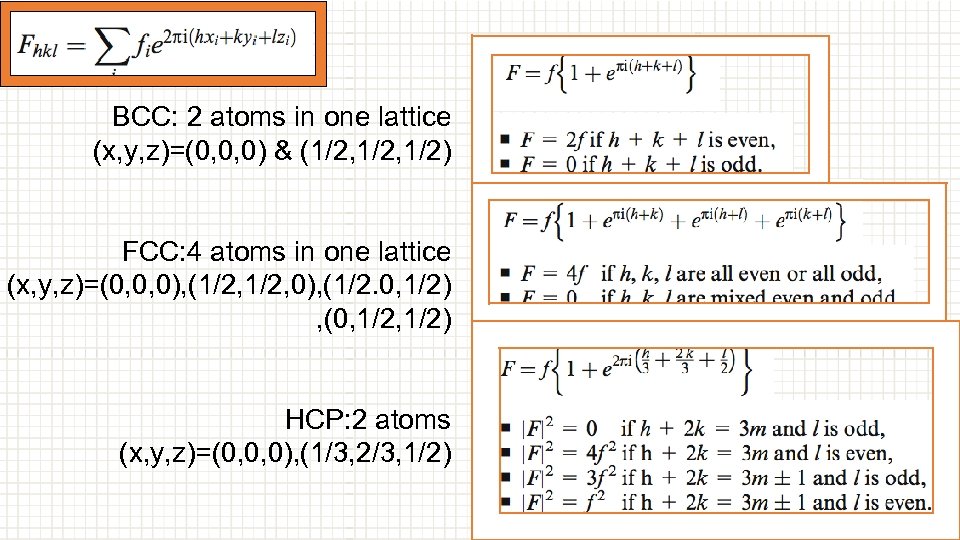 BCC: 2 atoms in one lattice (x, y, z)=(0, 0, 0) & (1/2, 1/2)