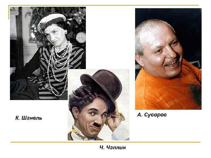А. Суворов К. Шанель Ч. Чаплин 
