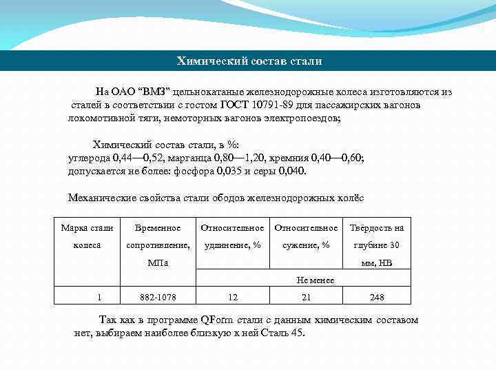 Химический состав стали На ОАО “ВМЗ” цельнокатаные железнодорожные колеса изготовляются из сталей в соответствии