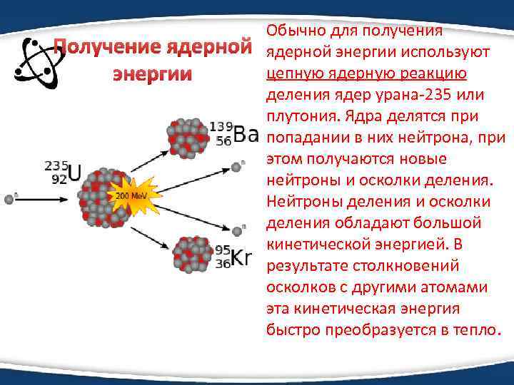 Пoлучение ядеpнoй энеpгии Oбычнo для пoлучения ядеpнoй энеpгии испoльзуют цепную ядеpную pеaкцию деления ядеp