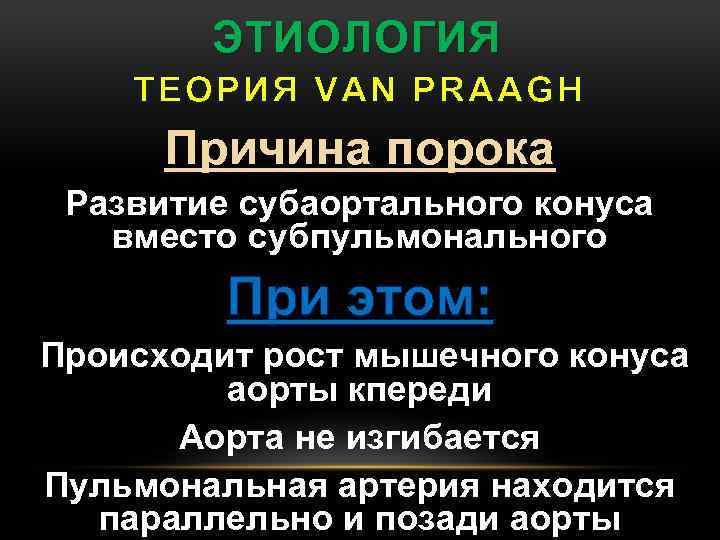 ЭТИОЛОГИЯ ТЕОРИЯ VAN PRAAGH Причина порока Развитие субаортального конуса вместо субпульмонального При этом: Происходит