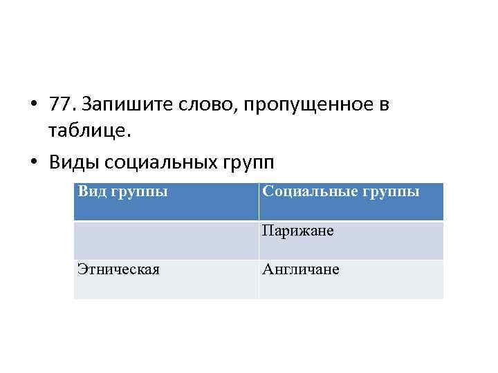 Слово пропущенное в таблице. Запишите слово пропущенное в таблице социальные группы. Виды социальных групп Этническая. Виды социальных групп парижане англичане. Запишите слово пропущенное в таблице формы социальной.