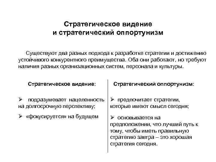 Стратегическое видение и стратегический оппортунизм Существуют два разных подхода к разработке стратегии и достижению