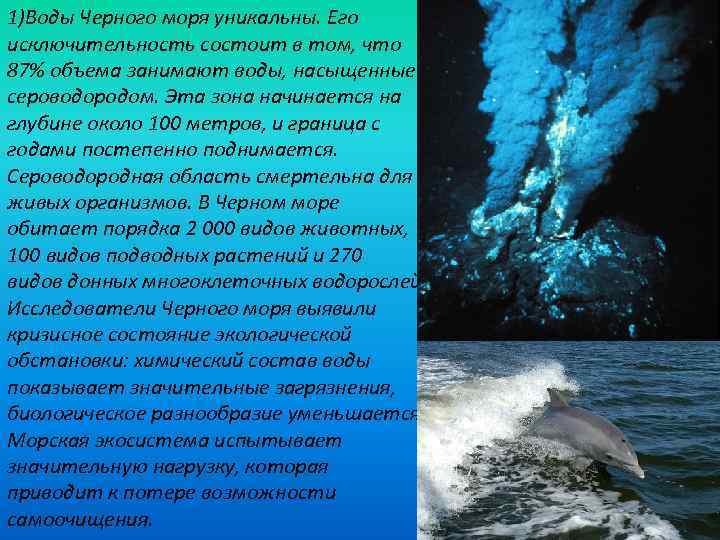 1)Воды Черного моря уникальны. Его исключительность состоит в том, что 87% объема занимают воды,