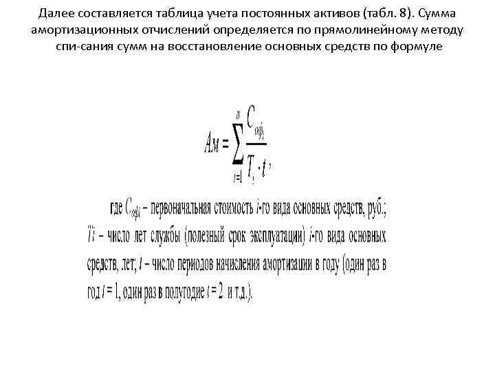 Далее составляется таблица учета постоянных активов (табл. 8). Сумма амортизационных отчислений определяется по прямолинейному