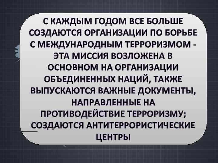 С КАЖДЫМ ГОДОМ ВСЕ БОЛЬШЕ СОЗДАЮТСЯ ОРГАНИЗАЦИИ ПО БОРЬБЕ С МЕЖДУНАРОДНЫМ ТЕРРОРИЗМОМ ЭТА МИССИЯ