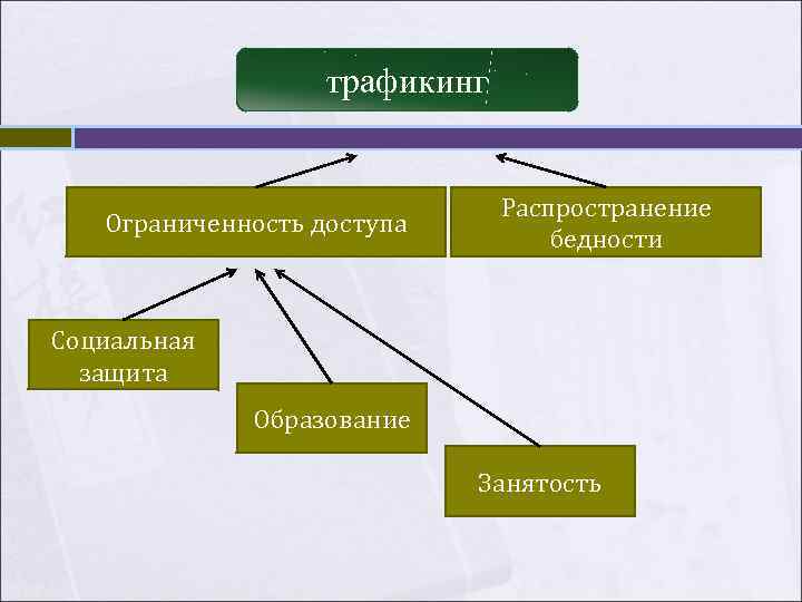 трафикинг Ограниченность доступа Распространение бедности Социальная защита Образование Занятость 