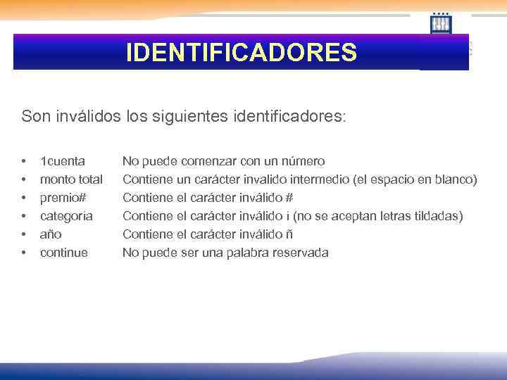 IDENTIFICADORES Son inválidos los siguientes identificadores: • • • 1 cuenta monto total premio#