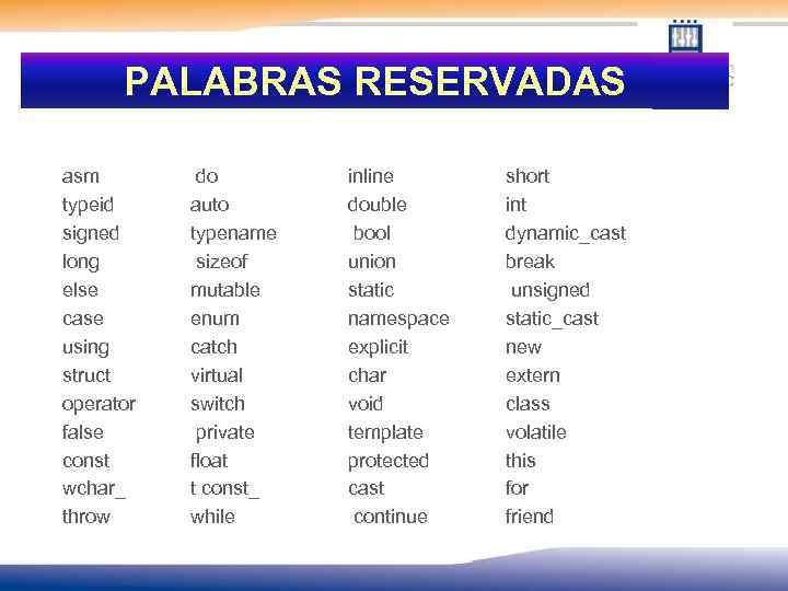 PALABRAS RESERVADAS asm typeid signed long else case using struct operator false const wchar_