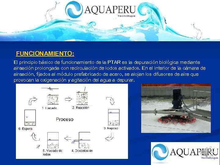 FUNCIONAMIENTO: El principio básico de funcionamiento de la PTAR es la depuración biológica mediante