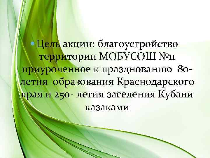  Цель акции: благоустройство территории МОБУСОШ № 11 приуроченное к празднованию 80 летия образования