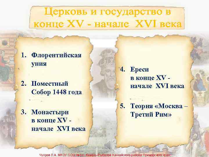 1. Флорентийская уния 2. Поместный Собор 1448 года 3. Монастыри в конце XV начале