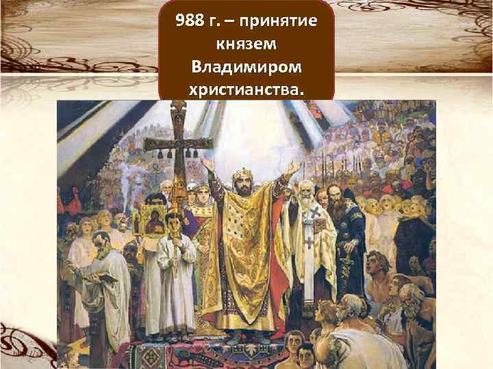 988 г. – принятие князем Владимиром христианства. 