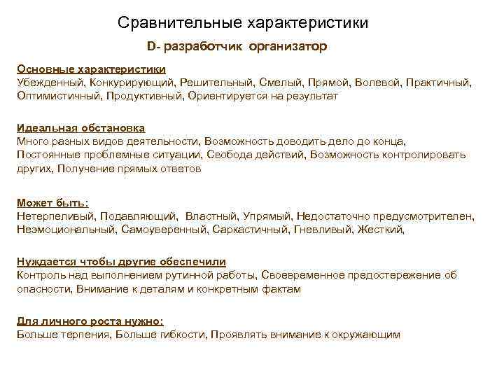 Сравнительные характеристики D- разработчик организатор Основные характеристики Убежденный, Конкурирующий, Решительный, Смелый, Прямой, Волевой, Практичный,
