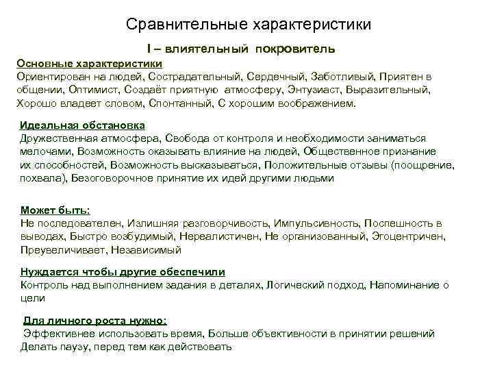 Сравнительные характеристики I – влиятельный покровитель Основные характеристики Ориентирован на людей, Сострадательный, Сердечный, Заботливый,