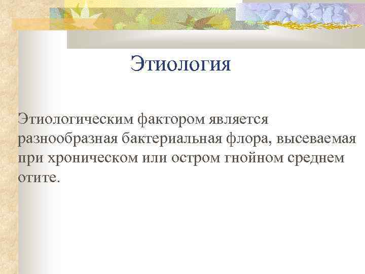 Этиология Этиологическим фактором является разнообразная бактериальная флора, высеваемая при хроническом или остром гнойном среднем
