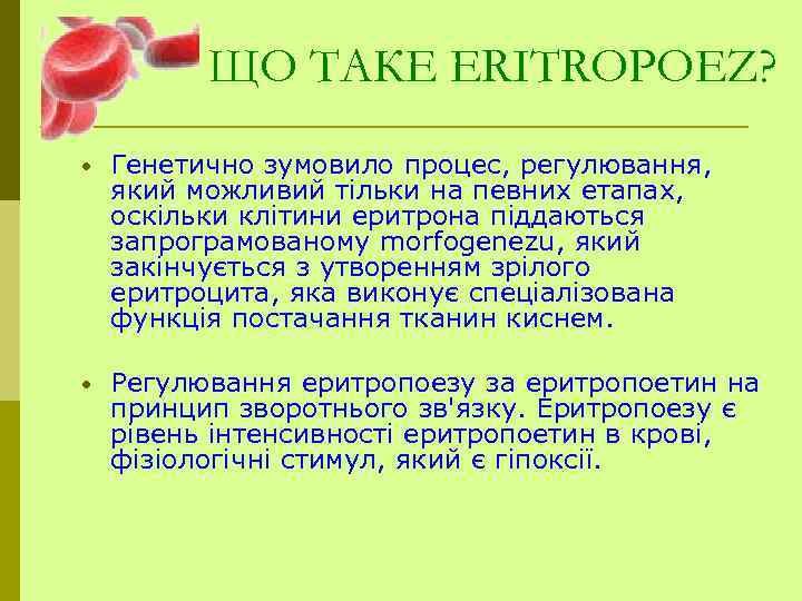 ЩО ТАКЕ ERITROPOEZ? • Генетично зумовило процес, регулювання, який можливий тільки на певних етапах,