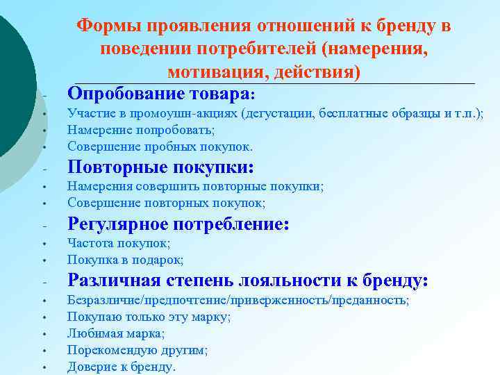 - Формы проявления отношений к бренду в поведении потребителей (намерения, мотивация, действия) Опробование товара: