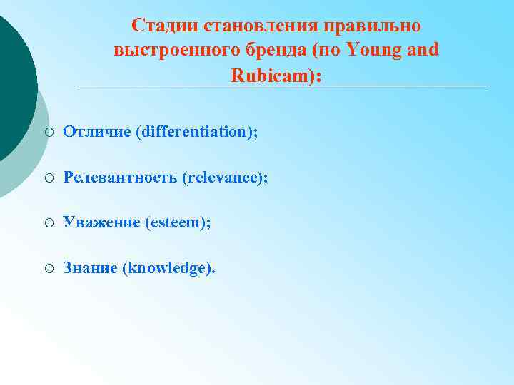 Стадии становления правильно выстроенного бренда (по Young and Rubicam): ¡ Отличие (differentiation); ¡ Релевантность