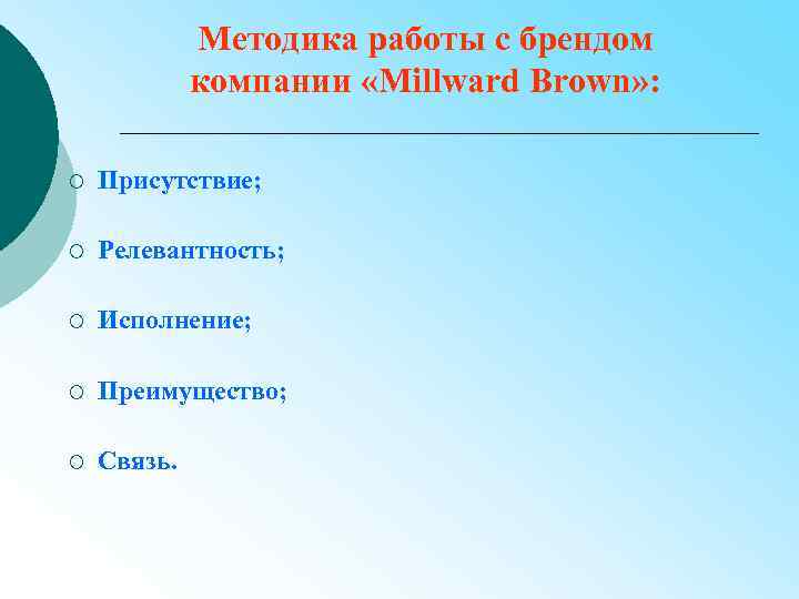 Методика работы с брендом компании «Millward Brown» : ¡ Присутствие; ¡ Релевантность; ¡ Исполнение;