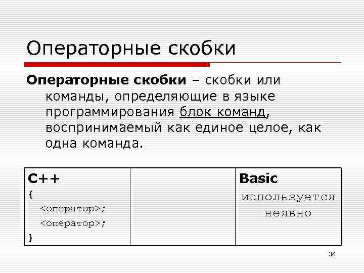 Операторные скобки – скобки или команды, определяющие в языке программирования блок команд, воспринимаемый как