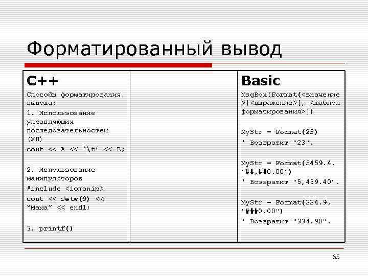 Форматированный вывод C++ Basic Способы форматирования вывода: 1. Использование управляющих последовательностей (УП) cout <<